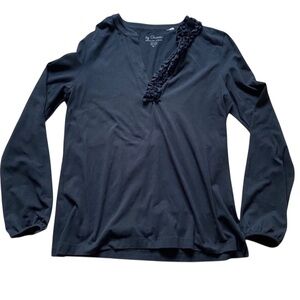CHICO’S Black Cotton Ruffle V-Neck Long Sleeve Tee Shirt Size Medium EUC